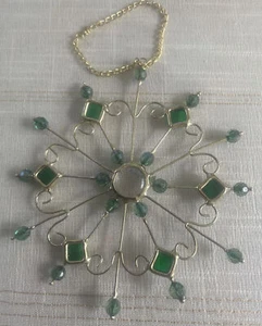 Snowflake 5.5” Stained Glass Ornament Sun Catcher Green Gold Metal Chain Beaded - Picture 1 of 6