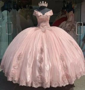 Modest Ball Gown Pink Quinceanera Dresses Off Shoulder Appliques Sweet 16 Party - Picture 1 of 8