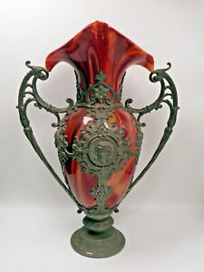 Große LOETZ Karneol Glas Vase Zinnmontierung Carnelian Glass Pewter Mounting