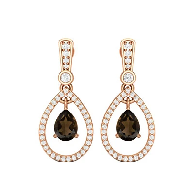 7x5 毫米梨形烟熏石英宝石 14k 玫瑰金吊坠女式耳环 — 第 1/4 张图片