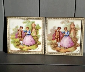 Limoges Fragonard Wall Hanging Pair Courting Couple Square Framed  3.5" - Picture 1 of 9