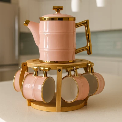 Luxus Teeset aus Keramik mit Holzständer – Rosa gold – 8-teilig – Geschenk - Bild 1 von 3