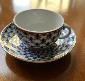 Lomonosov Porcelain Cobalt Net Tiny Cup And Saucer Hand Decorated.1980 - Picture 1 of 5