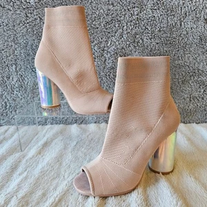 Call It Spring Women's Iridescent Heel Sock Ankle Peep Toe Boots 7.5 Pale Pink - Picture 1 of 8