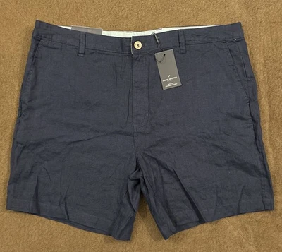 NUEVO CON ETIQUETAS DANIEL HECHTER Pantalones Cortos Chinos Para Hombres Azul Marino 7” 100% Lino Frente Plano 40 Foto 1 de 4