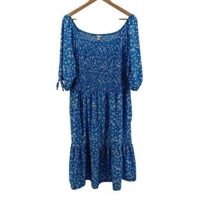 Cato Women's Blue Floral Midi Dress 3/4 Sleeve Square Neck Smocked Size 18/20W - Image 1 of 4