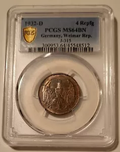 Germany Weimar Republic 1932 D 4 Reichspfennig MS64 BN PCGS - Picture 1 of 4