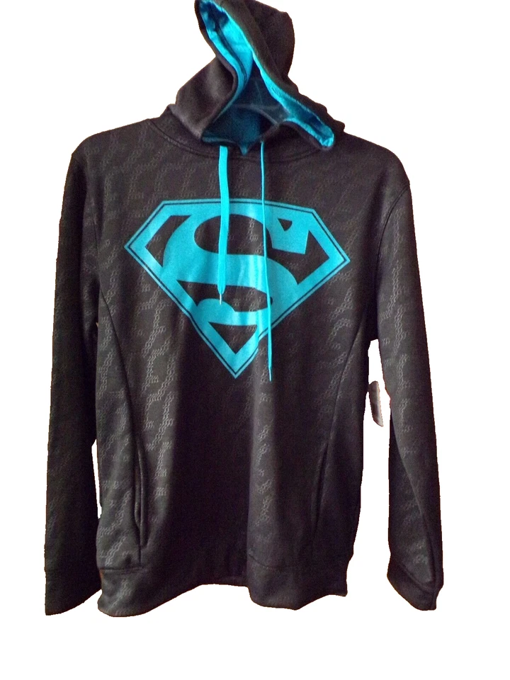 СУПЕРМЕН черный полиэстер пуловер толстовка с капюшоном ~ мужской размер маленький (34-36) ~ новый с ярлыками - Изображение 1 из 1