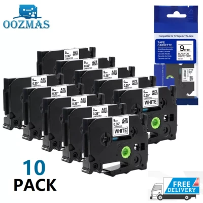 OOZMAS 10PK Compatible Brother P-Touch TZ-221 TZe-221 9mm Label Tape White 3/8" PT-D210