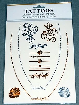 NUEVO ~ 3 HOJAS DE TATUAJE ~ Tatuajes Temporales Metálicos en Colores Dorado y Plata Foto 1 de 4