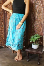 Boho Gypsy Hippy Cotton Blue Crinkled Floral Printed Summer Beach Skirts S