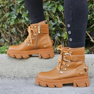Womens Tan Combat Ankle Boots Lace Up Heeled - Picture 1 of 6
