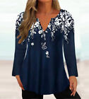 Womens Floral Print V Neck Long Sleeves T Shirt Casual Loose Fashion Blouse Tops