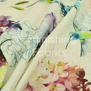 Fire Treated Bold Kingfisher Bird Floral Velour Velvet Curtain Upholstery Fabric - Picture 1 of 5