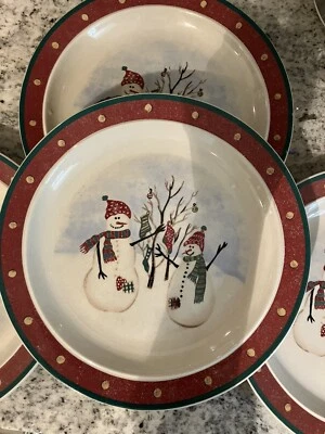 (4) Обеденная тарелка Royal Seasons Stoneware Snowmen 10,25 дюйма RN2 желтая точка снята с производства - Изображение 1 из 4