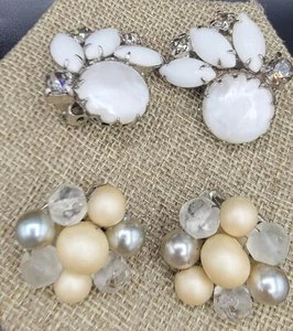 2 Pair Vintage Clip On Earrings Milk Glass White Faux Pearls Beads Rhinestone - Picture 1 of 8