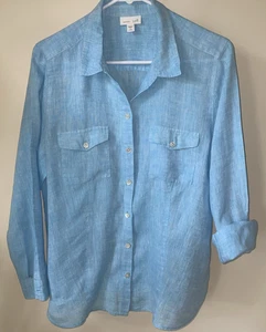 J JILL Love Linen~ L~ 100% Linen Shirt~LS Button Up Blouse Collar~Turquoise Blue - Picture 1 of 5