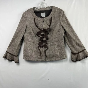 Adec 2 Jacket Womens size 14 (48) Wool Silk Brown Snap Up Ruffled Blazer - Picture 1 of 13