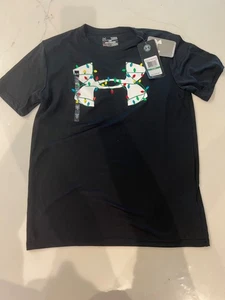 NWT Boys Youth LARGE Under Armour Heat Gear T Shirt Black/Christmas Lights - Picture 1 of 4