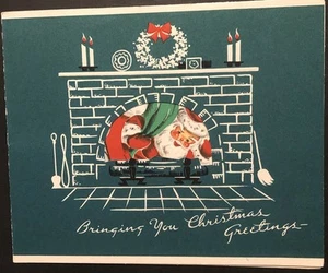 Vtg Christmas Greeting Card Jolly Santa On Sleigh W/Reindeer & Down Chimney NEW! - Picture 1 of 4