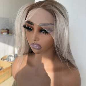Ombre Silver Grey T Lace Front Wigs Natural Soft Synthetic Hair Long Straight - Picture 1 of 9
