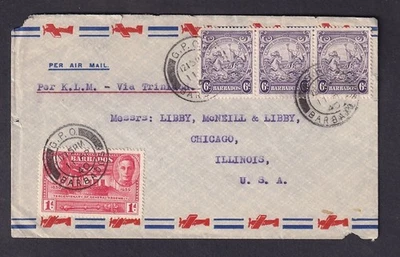 Barbados KGVI 1940 correo aéreo a EE. UU. por KLM vía Trinidad 6dx3 +1d Jason Jones & Co Foto 1 de 2