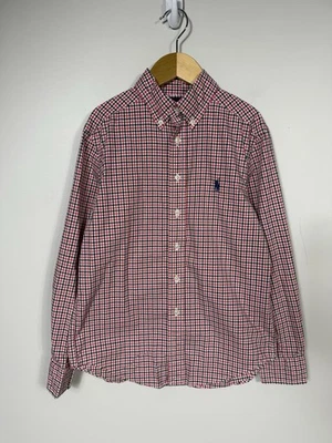 Ralph Lauren 男孩红色海军蓝格子纽扣衬衫 8 码假日 — 第 1/4 张图片