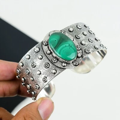Naturale Malachite Gemma a Mano Polsino Braccialetto 925 Sterling Argento Regalo - Immagine 1 di 4