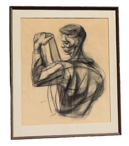 FRANCIS DE ERDELY Original modernistische Kohlezeichnung Mann hält ein Objekt - Bild 1 von 6