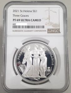 SAINT HELENA, 2021 Three Graces, 1 Oz, Silver Proof PP NGC 69 ULTRA CAMEO - Picture 1 of 5
