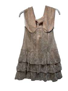 PLT UK 10 Dress Nude Glitter Floral Detail Halterneck Tiered Mini Dress - Picture 1 of 13