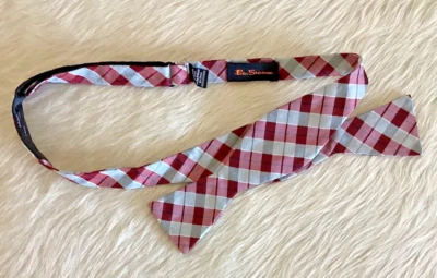 Gravata borboleta de seda BEN SHERMAN clássica vermelha cinza xadrez gola ajustável desamarrada 14,5-20” - Imagem 1 de 4
