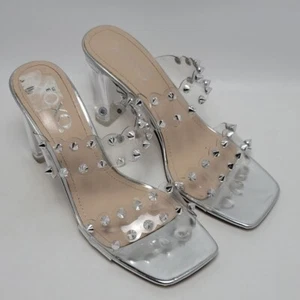XOXO Zoey elegante silberne Nieten-Sandalen transparente Absätze mehrere Riemen Größen 7M - Bild 1 von 15