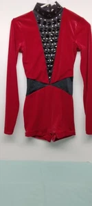 Weissman Red & Black Velvet Studded Sexy Short Bodysuit Dance/ Costume Sz Large - Picture 1 of 5