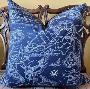Ralph Lauren Hamptons Map White on Navy 100% Cotton Pillow Cover All Sizes - Picture 1 of 12