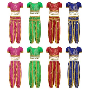 Kids Girls Outfit Belly Dance Set Mesh Costume Sequin Hoodie Chain Dancewear - Picture 1 of 63