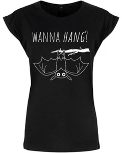 Cute Bat Wanna Hang? Ladies Black T-Shirt, Gothic, Funny Joke, Night Creature - Picture 1 of 4
