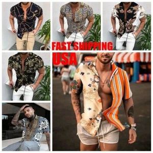 Button Up Shirt Men Baroque Fashion Hawaiian Short Sleeve Tee Casual Party Dress - Picture 1 of 21