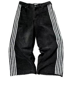Distressed Baggy Black Jeans Size Large Striped Sides Streetwear. Free Shipping - Picture 1 of 5