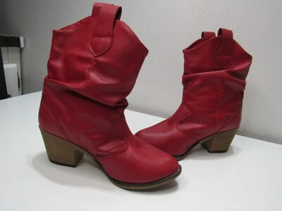 Rojo Vegano Cuero Pull On Slouch Vaquera Boho Caprichoso Botines 6M Foto 1 de 4