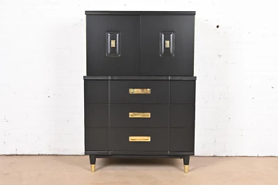 John Widdicomb Hollywood Regency Campaña Negro Lacado Caballero Cofre Foto 1 de 4