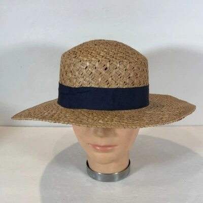 Chapéu bronzeado vintage feminino palha com fita azul marinho - Imagem 1 de 4