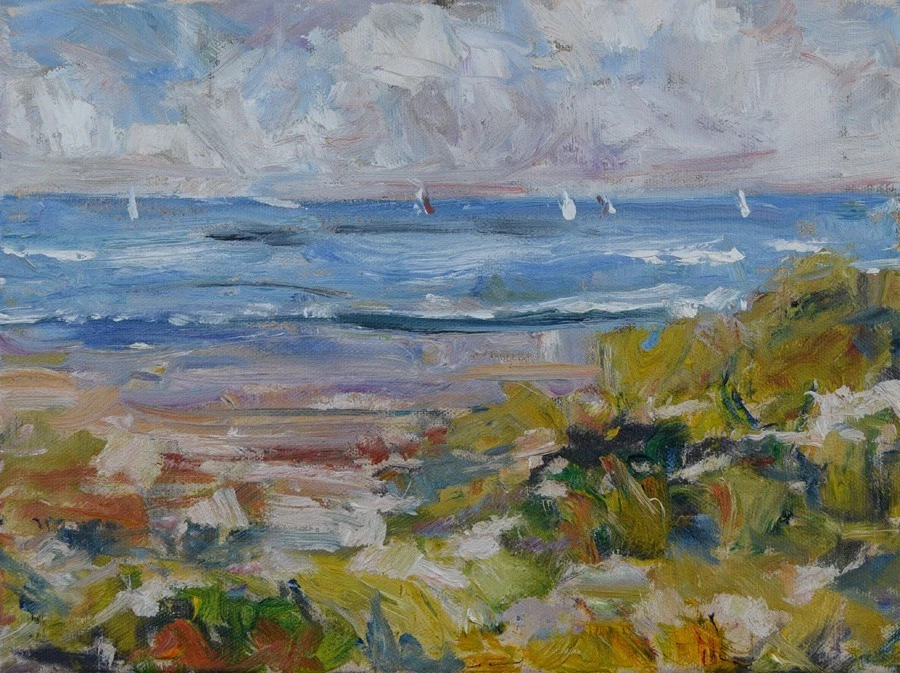 Художественная оригинальная картина маслом RM Mortensen «Через дюны» пляж море океан парус - Изображение 1 из 1