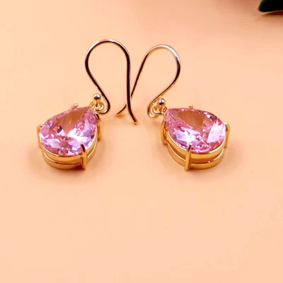 Handmade Rose Quartz Teardrop Dangle Earrings – 18K Gold-Plated Sterling Silver - Image 1 of 4