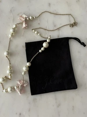 J.Crew Faux Pearl & Pink Mini Bows Stranded Chain Long Necklace W/Jewelry Bag - Image 1 of 4