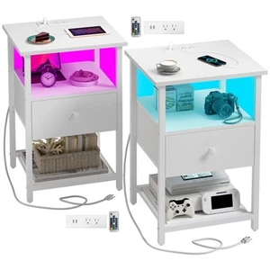 HDDDZSW LED Nightstands Set of 2 with Charging Station Bedside Tables with US... - Picture 1 of 9