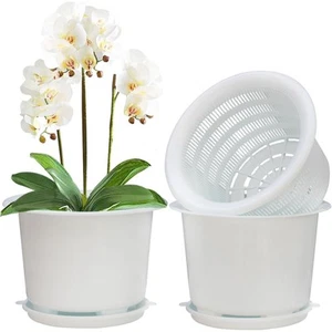 8 Inch Orchid Pots with Holes and Saucers,Double Layer Plastic Large Orchid P... - Picture 1 of 7