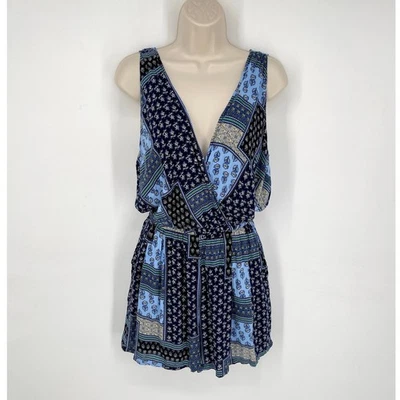 Elevenses Anthropologie Floral Romper Sz M Blue Green V-Neck Pockets Lined - Image 1 of 4