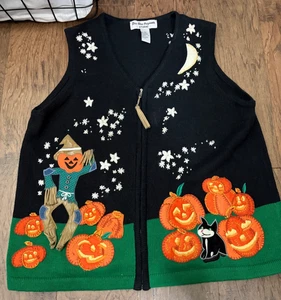 Vtg Star Blue Originals Halloween Sweater Vest XL Scarecrow Pumpkins Black Cat - Picture 1 of 5