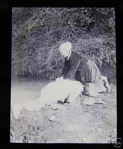 Linterna Mágica de Vidrio Diapositiva MUJER LAVAN ROPA TREGOR C1920 FRANCIA BRETAÑA - Imagen 1 de 2
